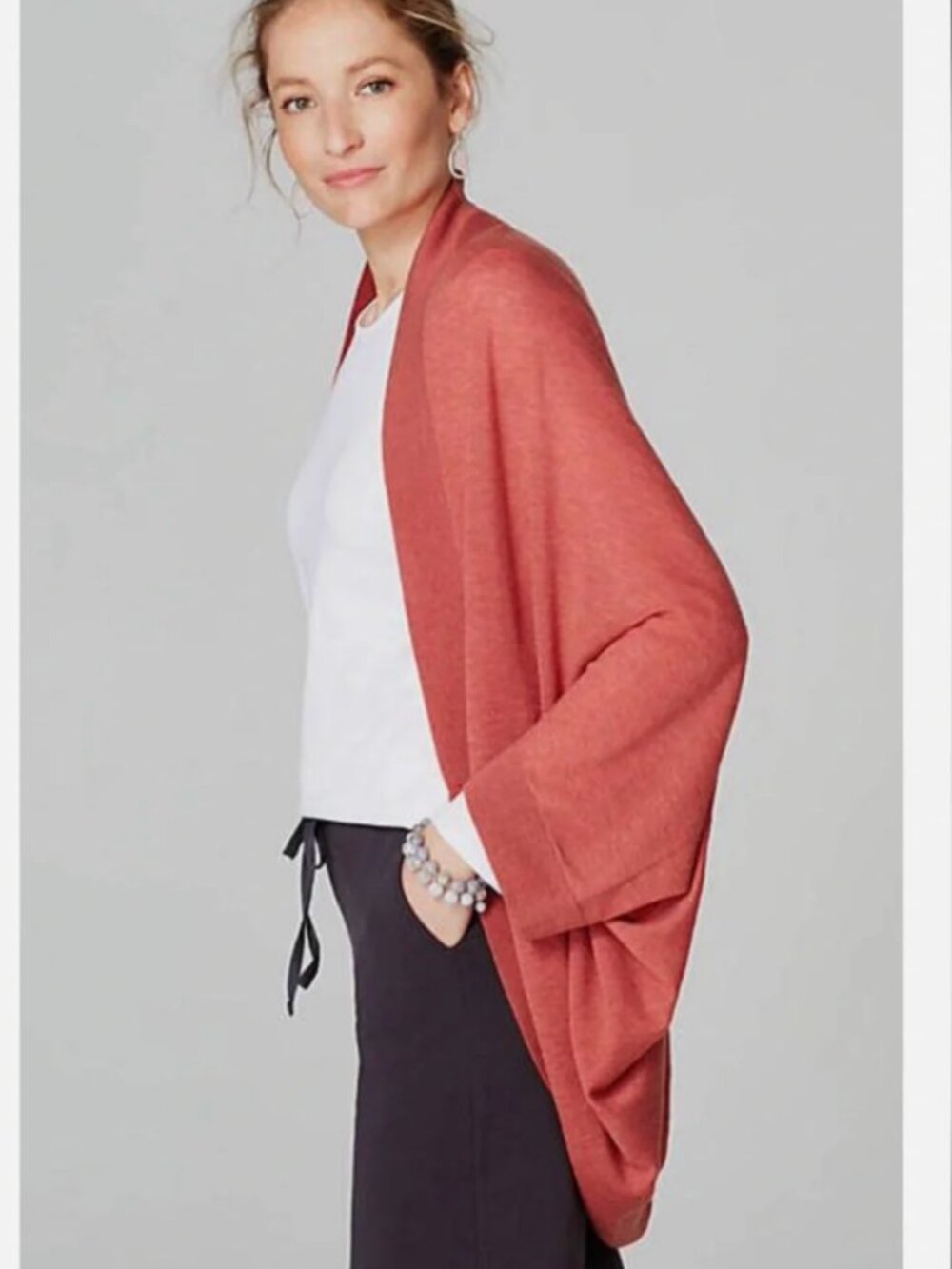 J Jill Merino Wool Cardigan Shrug One Size Brick Red Dolman Sleeve Minimalist